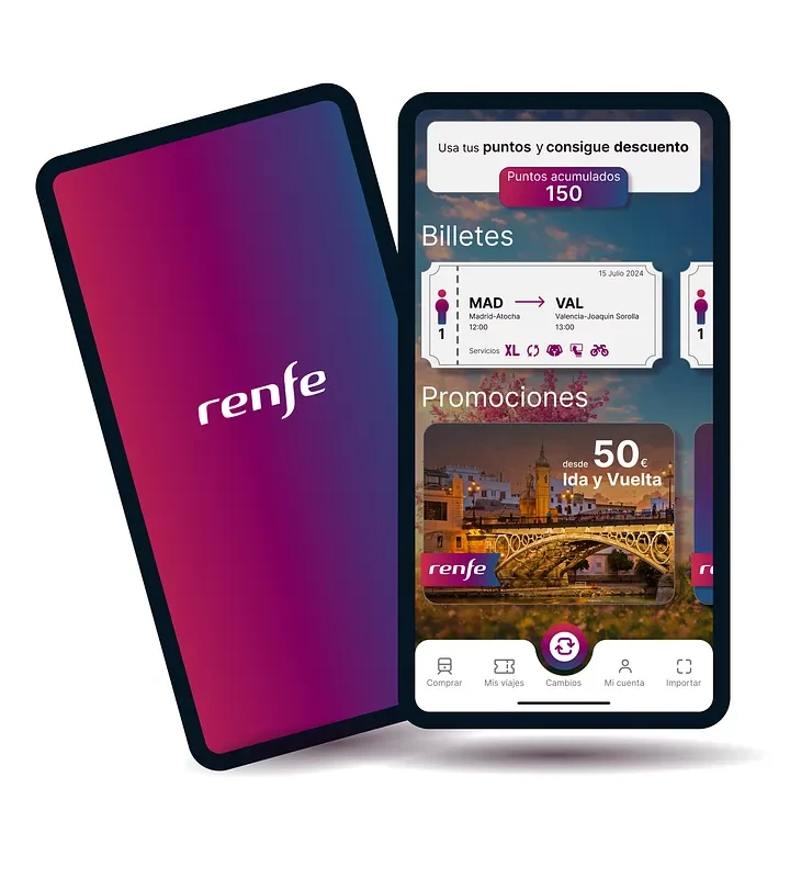 Renfe app — redesigned home: loyalty points, offers and active ticket up front