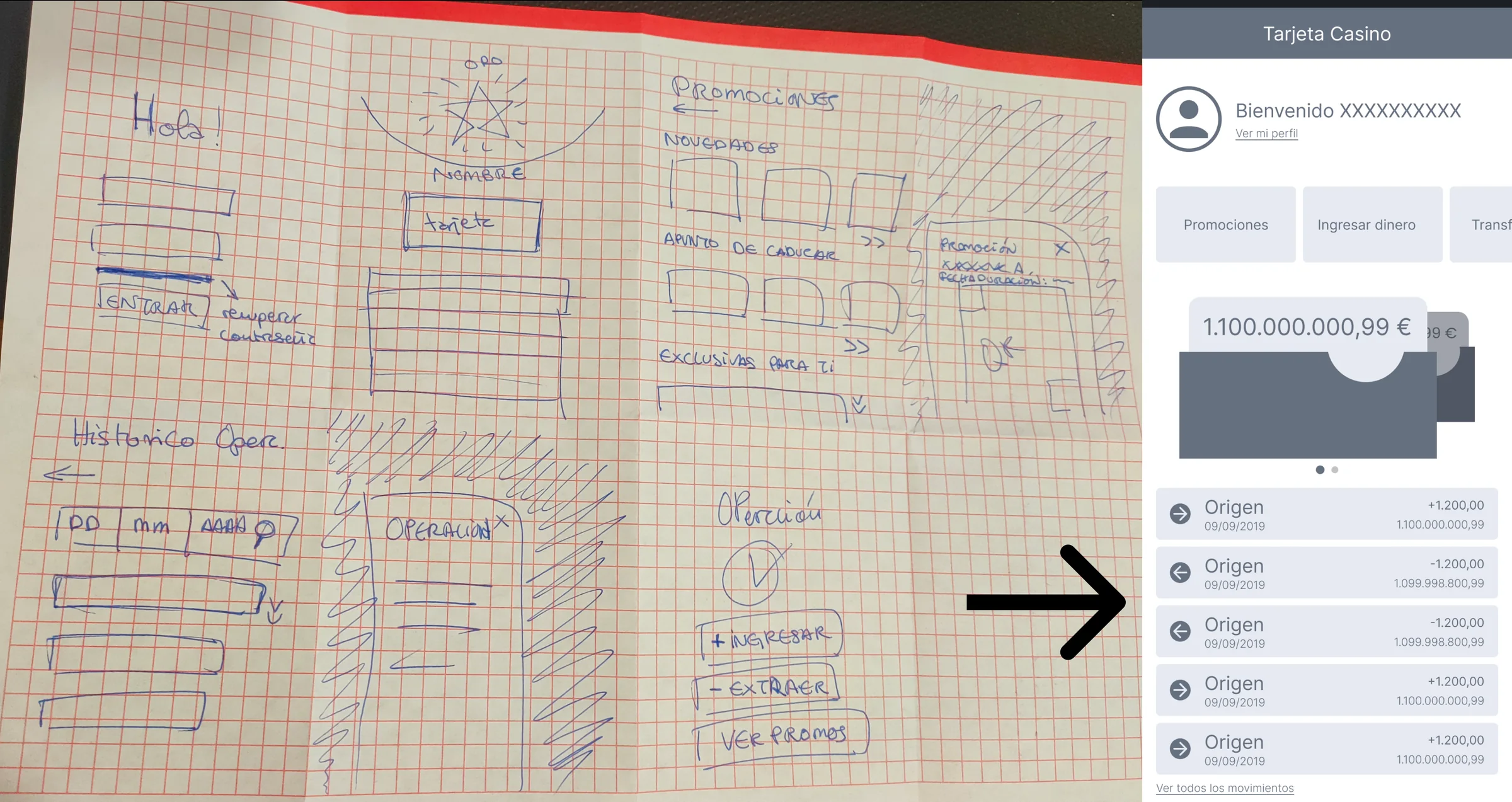 Fintech app — digitalisation process: hand-drawn wireframes translated into the working card screen